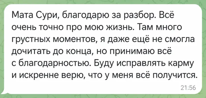 Мата Сури, благодарю за разбор. Всё очень точно про мою жизнь. Там много грустных моментов, я даже ещё не смогла дочитать до конца, но принимаю всё с благодарностью. Буду исправлять карму и искренне верю, что у меня всё получится.
