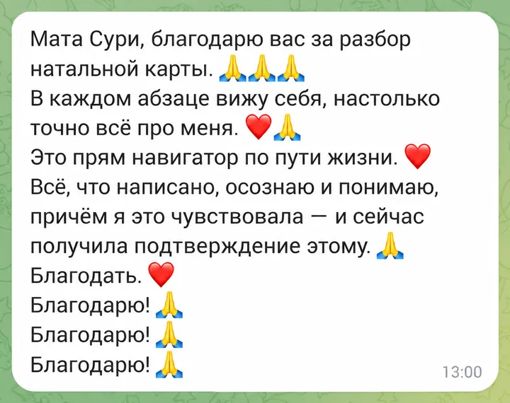 Мата Сури, благодарю вас за разбор натальной карты. В каждом абзаце вижу себя, настолько точно всё про меня. Это прям навигатор по пути жизни. Всё, что написано, осознаю и понимаю, причём я это чувствовала - и сейчас получила подтверждение этому. Благодать. Благодарю! Благодарю! Благодарю!
