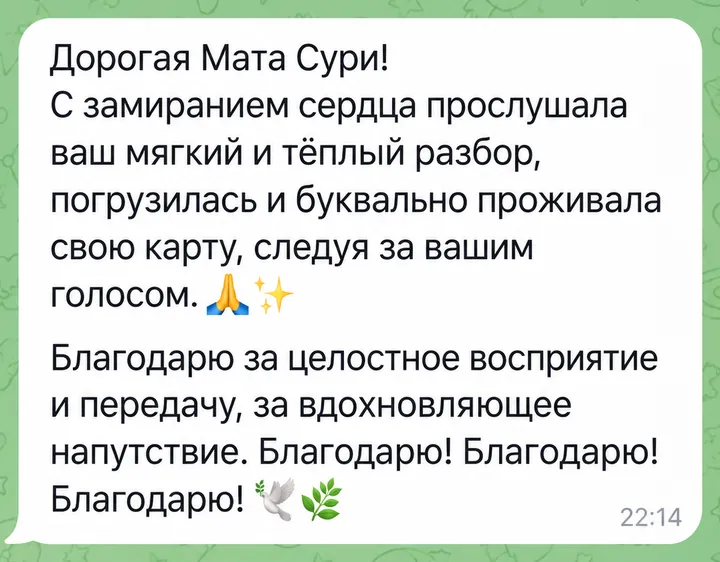 Дорогая Мата Сури! С замиранием сердца прослушала ваш мягкий и тёплый разбор, погрузилась и буквально проживала свою карту, следуя за вашим голосом. Благодарю за целостное восприятие и передачу, за вдохновляющее напутствие. Благодарю! Благодарю! Благодарю!